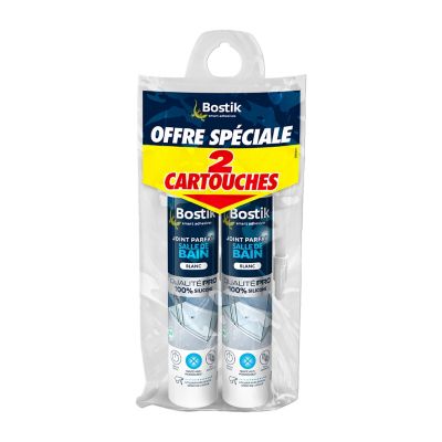 Mastic d’étanchéité spécial salle de bain blanc Bostik Joint Parfait tous matériaux, lot de 2 cartou