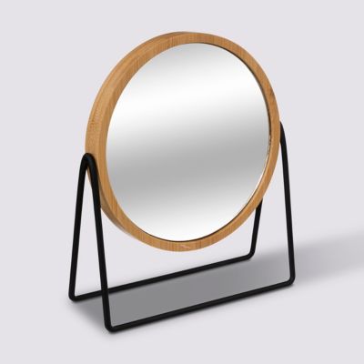 Miroir de salle de bains inclinable sur pieds métal noir  cadre effet bambou  diam.22 cm  5Five