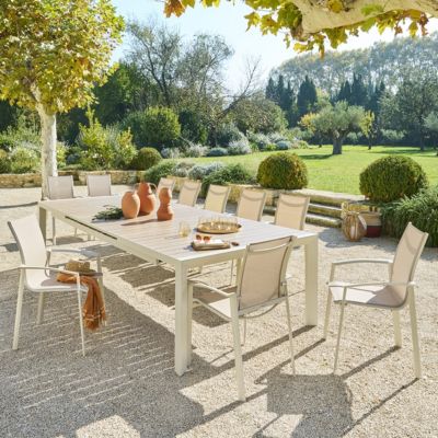 Table de jardin extensible Évasion effet bois lin & 14 places lates en aluminium Hespéride