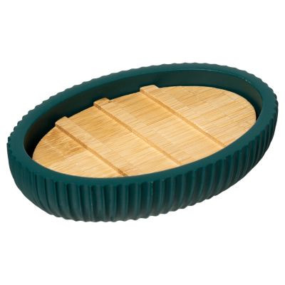 Porte savon Five Modern en polyrésine pierre et bambou coloris bleu pétrole L.12,5 x P.9 x H.2,5 cm