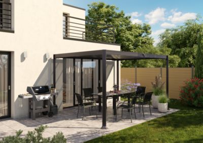 Tonnelle autoportante aluminium et toit polycarbonate Hespéride Belize graphite 3 x 3 8 m