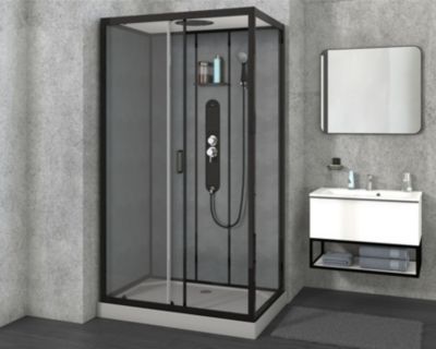 Cabine de douche l.80 x L.120 x H.225 cm “ fond effet béton  profilés noirs  receveur extra-plat  Allibert Sero