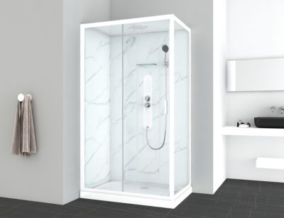 Cabine de douche, paroi fond verre effet marbre blanc, receveur extra-plat acrylique blanc renforcé 