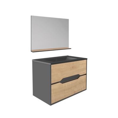Ensemble meuble vasque suspendu noir mat et effet bois l.80 cm 2 tiroirs + plan vasque noir + miroir avec tablette  Allibert Bath & Design Sima