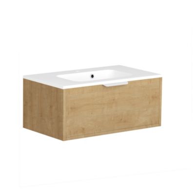 Meuble vasque suspendu effet chêne Arlington l.80 cm 1 tiroir + bloc tiroir avec plan vasque blanc brillant  Allibert Bath & Design Evo
