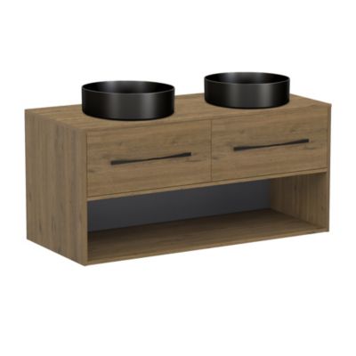 Meuble vasque suspendu effet chêne Cognac l.120 2 tiroirs + niche avec plan de toilette et 2 vasques à  poser  Allibert Bath & Design Galaxy