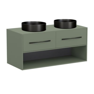 Meuble vasque suspendu vert eucalyptus l.120 2 tiroirs + niche avec plan de toilette et 2 vasques à  poser  Allibert Bath & Design Galaxy