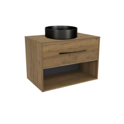 Meuble vasque suspendu effet chêne Cognac l.80 cm 1 tiroir + niche avec plan de toilette et vasque à  poser  Allibert Bath & Design Galaxy