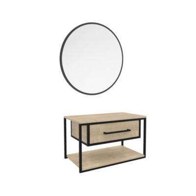 Ensemble meuble vasque suspendu effet chêne et noir l.80 cm 1 tiroir + niche + miroir rond  Allibert Bath & Design Cobalto