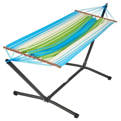 Hamac sur pied Metalik Kolor vert bleu écru 300 x 100 x 95 cm Jobek + support acier