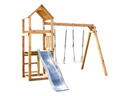 Aire de jeux en bois avec balançoire et toboggan –