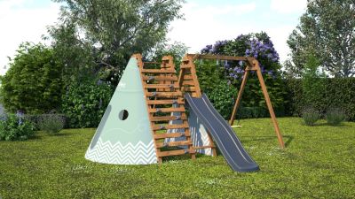Aire de jeux en bois Apollon, portique, toboggan et mur d’escalade Soulet L. 4,27 m x H. 2,24 m