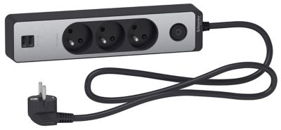 Multiprise 3 prises + 2 usb Schneider Electric Odace finition aluminium brossé 1.5
