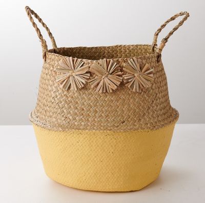 Panier en fibres naturelles Pompons jaune