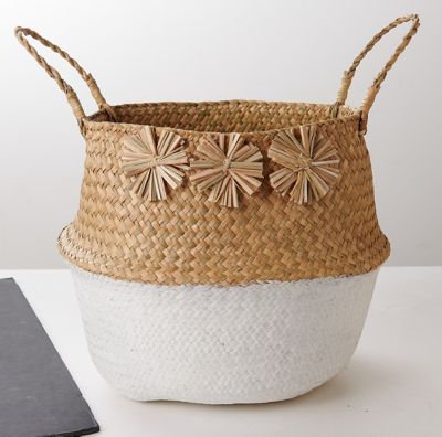 Panier en fibres naturelles Pompons blanc