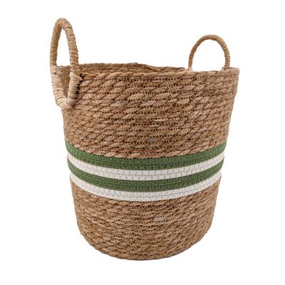 Panier rond en fibres naturelles Ornami vert et blanc avec poignées rondes