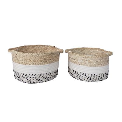 Lot de 2 paniers ronds en fibres naturelles Ornami noir et blanc avec poignées