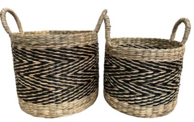 Lot de 2 paniers ronds en fibres naturelles Ornami motif à chevron noir