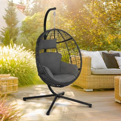 Fauteuil oeuf suspendu ajouré effet rotin avec coussin - vue 3