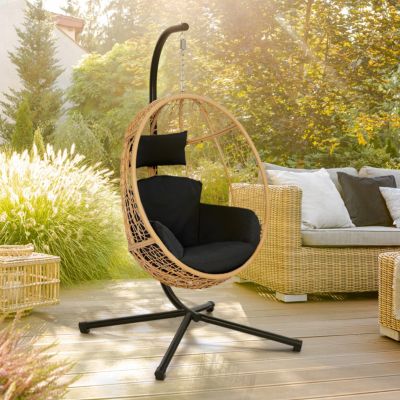 Fauteuil oeuf suspendu ajouré effet rotin avec coussin - vue 2