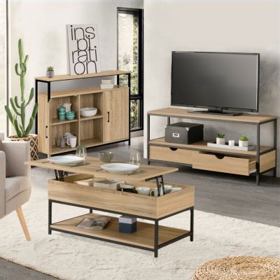 Ensemble meubles de salon buffet table basse relevable et meuble TV DETROIT design industriel