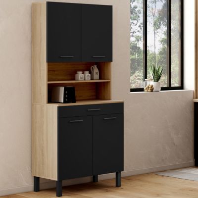 Buffet de cuisine 80 CM CINA 4 portes + tiroir façon hêtre et noir