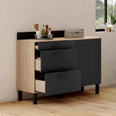 Buffet bas casserolier de cuisine 120 cm CINA plan de travail H.83 cm 1 porte + 3 tiroirs façon hêtre et - vue 2
