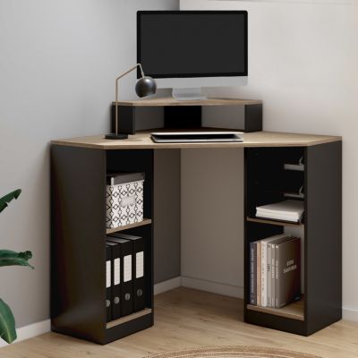Bureau d'angle HARRY et façon hêtre gain de place bureau informatique avec rangements - vue 2