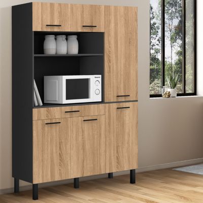 Buffet de cuisine avec colonne de rangement 120 CM CINA 6 portes + tiroir et façon hêtre