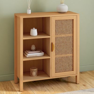 Buffet d'appoint 3 étagères et placard 70 cm EDHEN bois et cannage - vue 6