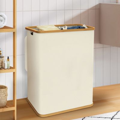 Panier à linge 140 2 bacs amovibles bambou RITA tissu écru - vue 7