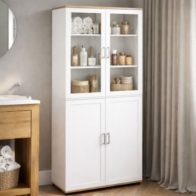 Meuble armoire colonne salle de bain VITO 4 portes dont 2 vitrées et bois - vue 7