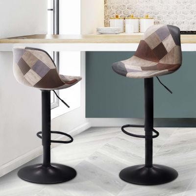 Lot de 2 tabourets de bar KARL design patchworks et beiges pied - vue 2