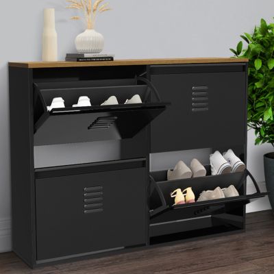 Meuble à chaussures 20 paires ESTER 4 portes métal noir et plateau façon hêtre design industriel