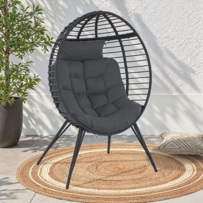 Fauteuil oeuf sur pied ajouré effet rotin avec coussin
