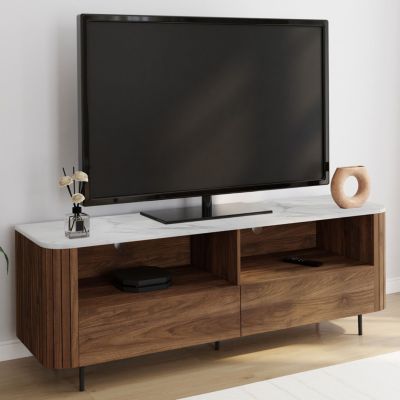 Meuble TV 140 cm MARLA noyer effet lattes 2 tiroirs et plateau ALASKA - vue 2