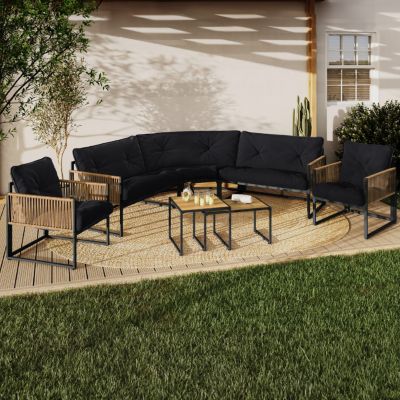 IDMARKET Salon de jardin bas RIO 8 places salon dangle structure métal et cordage effet rotin et coussins - vue 2