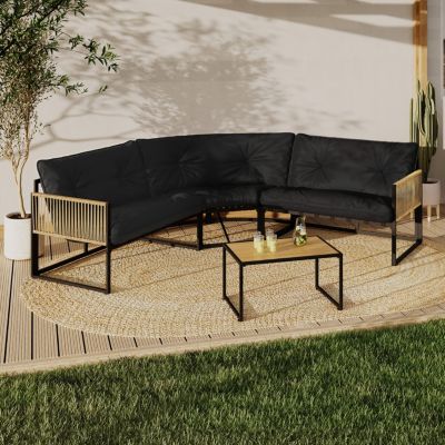 IDMARKET Salon de jardin bas RIO 6 places salon dangle structure métal et cordage effet rotin avec coussin - vue 2