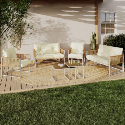 IDMARKET Salon de jardin bas RIO 6 places structure métal et cordage effet rotin avec coussins - vue 2