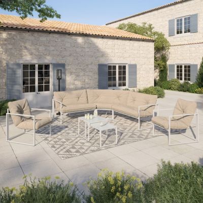 IDMARKET Salon de jardin bas NAIROBI 8 places salon dangle en acier et coussins beiges - vue 2