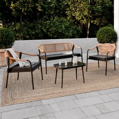 IDMARKET Salon de jardin bas MADEIRA 4 places structure en métal cordage et coussins noirs - vue 2
