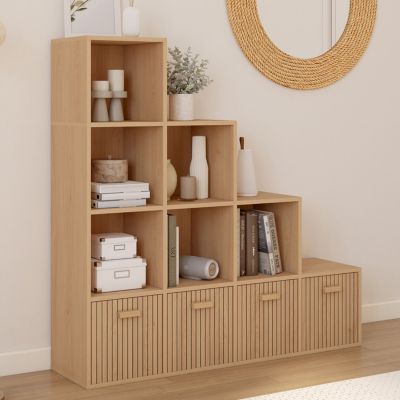 Meuble de rangement en escalier LORYS 4 niveaux effet lattes JULIETTE avec 4 tiroirs en tissu - vue 7