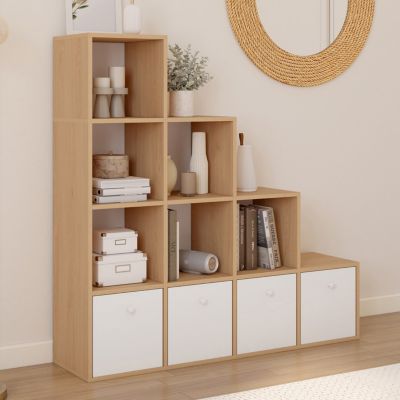 Meuble de rangement en escalier LORYS 4 niveaux bois et avec 4 tiroirs en tissu - vue 2