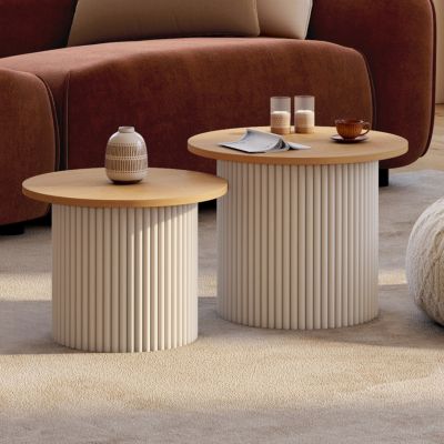 Lot de 2 tables basses gigognes KANEL rondes 4045 effet cannelé et plateau bois - vue 6