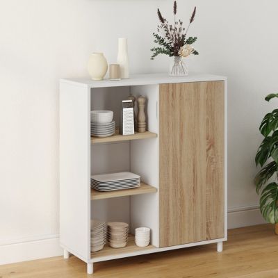 Buffet d'appoint 70 cm EASY montage facile sans outils 3 étagères et 1 porte coulissante réversible et bois - vue 7