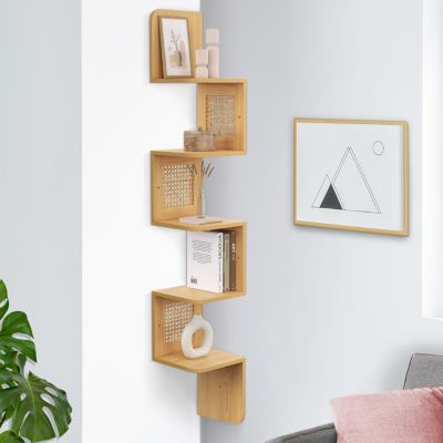 Etagère murale d'angle EDHEN 5 niveaux bois et cannage - vue 6
