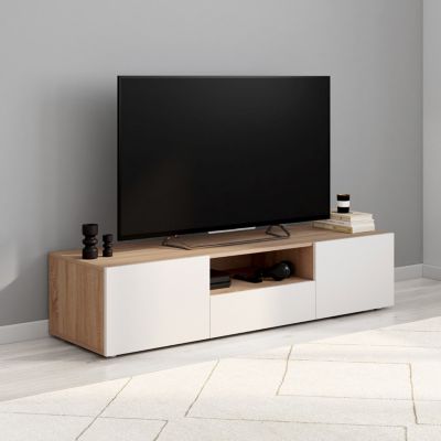 Meuble TV 140 cm ELI bois façon hêtre portes blanches - vue 1