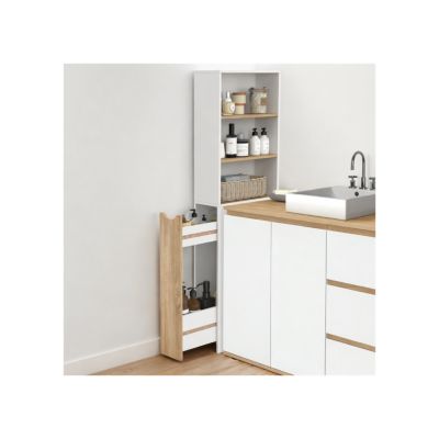 Meuble colonne salle de bain TOMI gain de place desserte 2 niveaux avec tiroirs et 3 étagères façon hêtre et - vue 2