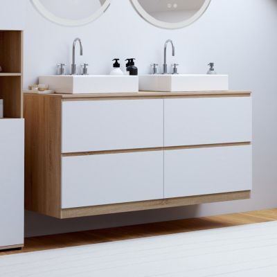 Meuble double vasque suspendu salle de bain TOMI 120 cm 4 tiroirs façon hêtre et - vue 2