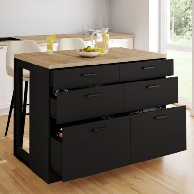 Id Market Ilot central mange-debout orso 120 cm casserolier 6 tiroirs noir avec plan de travail façon hêtre Marron - vue 2